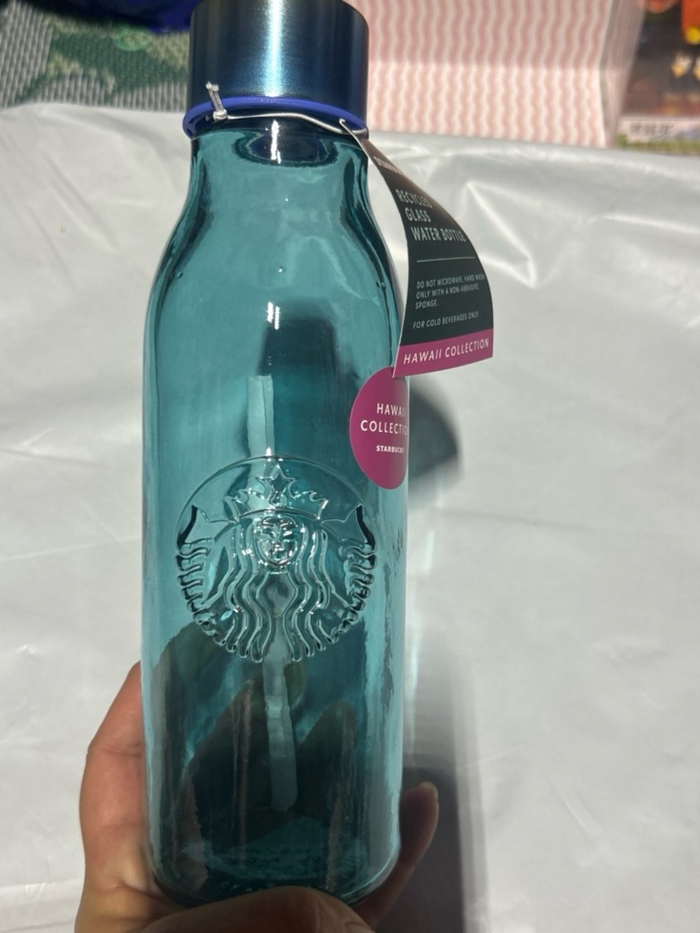 Starbucks Teal Glass Water Bottle with Iridescent Cap Hawaii Collection